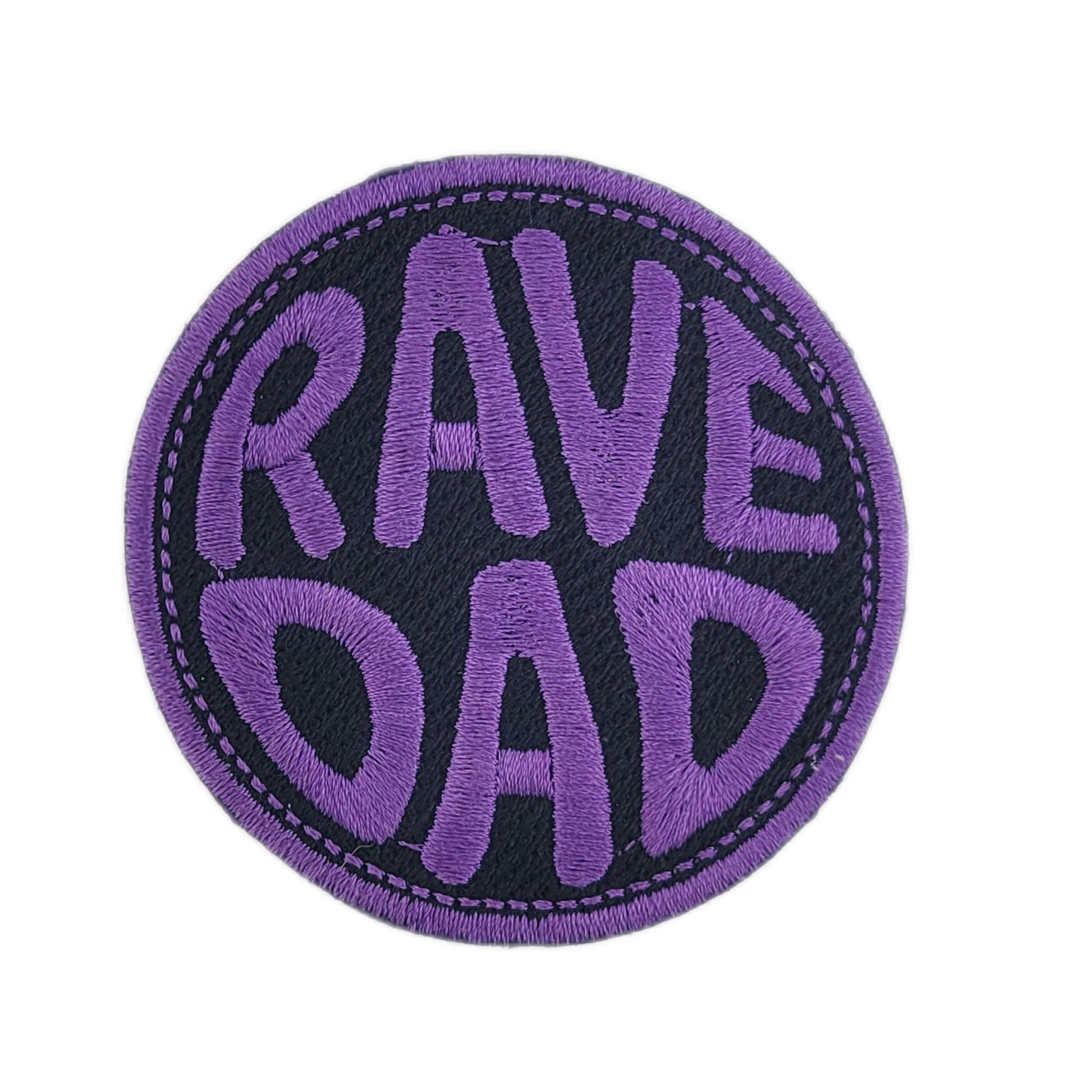 Circular patch with 'RAVE DAD' text in purple on a black background