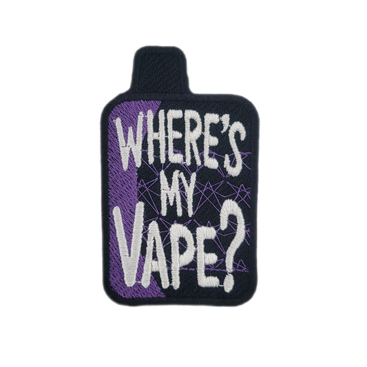 Vape-shaped embroidered patch with 'Where's My Vape?' text and purple accents on a white background