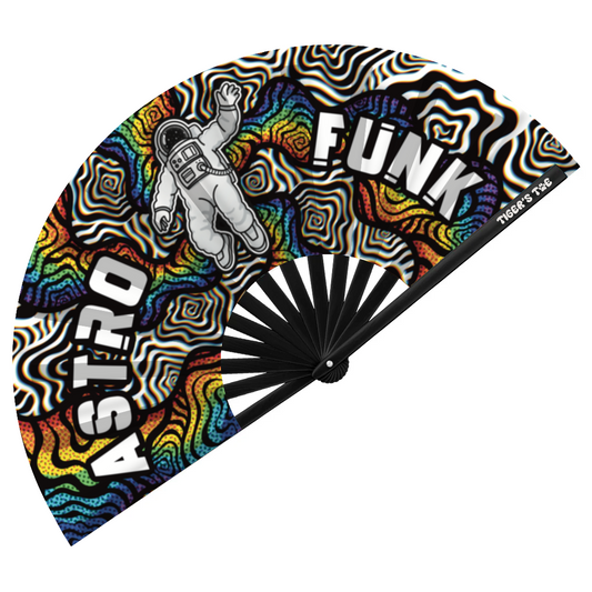 Colorful hand fan that reads "astro funk" featuring an astronaut floating between colorful swirls and psychedelic designs.