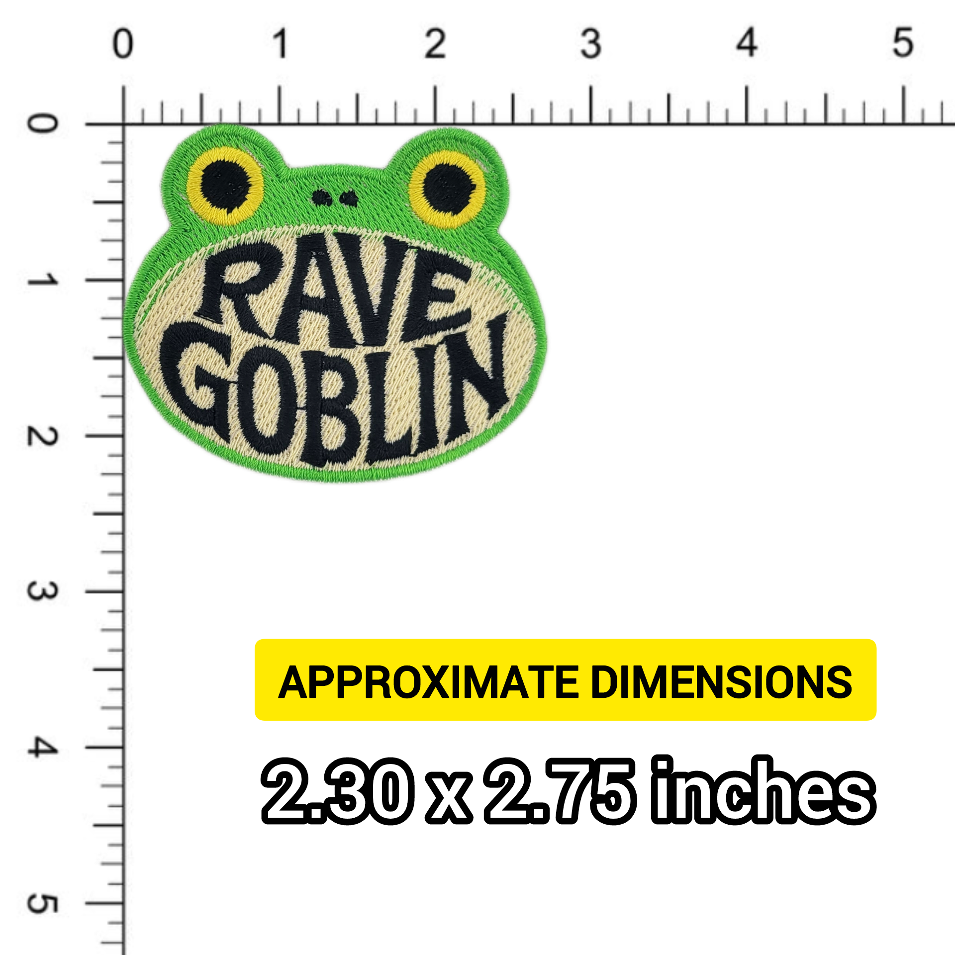 Frog-shaped patch with 'Rave Goblin' text on a ruler for size reference