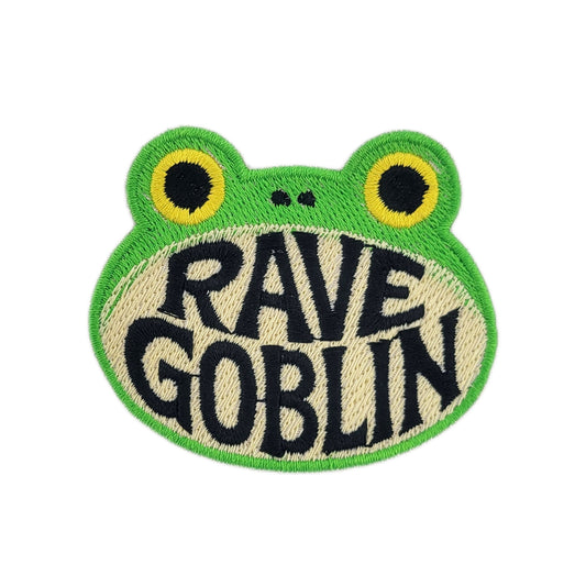 Frog-shaped patch with 'RAVE GOBLIN' text on a white background