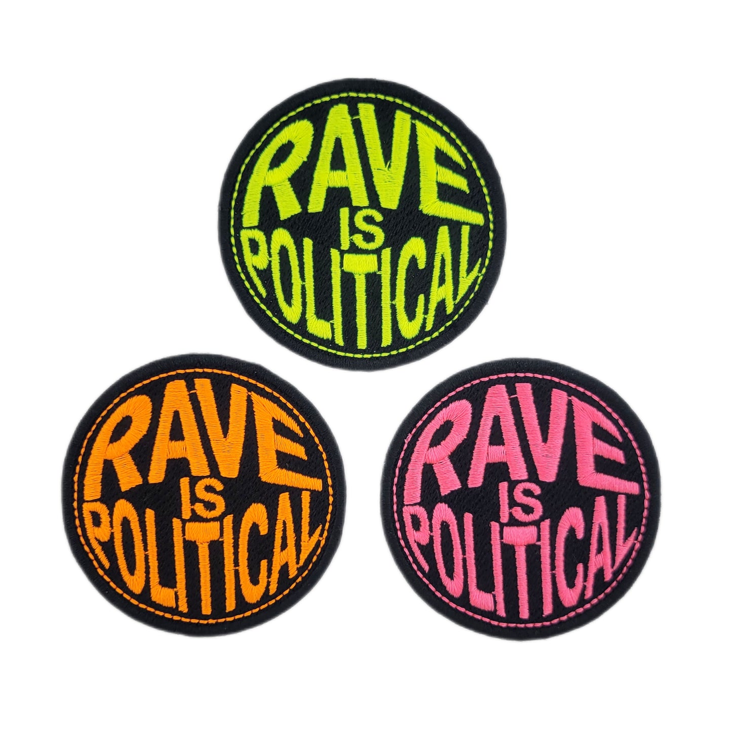 Three round patches with 'RAVE is POLITICAL' text in different colors on a white background.