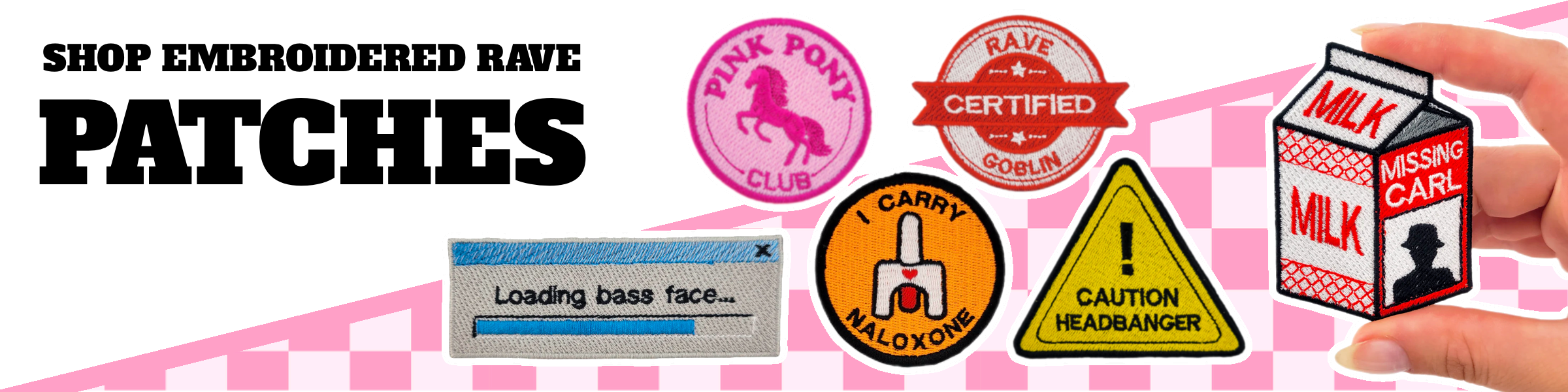 Promotional banner for embroidered rave patches with various designs and text.