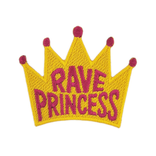 Embroidered patch with a yellow crown and pink 'Rave Princess' text on a white background