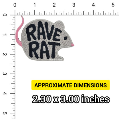Mouse-shaped patch with 'RAVE RAT' text on a ruler for scale, showing dimensions 2.30 x 3.00 inches.