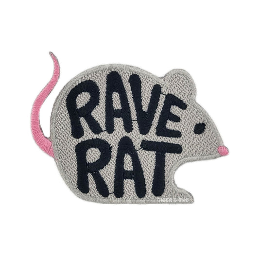Gray patch shaped like a rat with 'RAVE RAT' text on a white background
