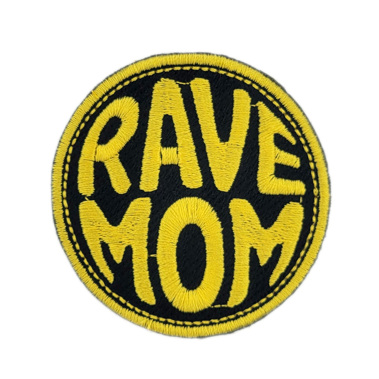 Round patch with 'RAVE MOM' text in yellow on a black background