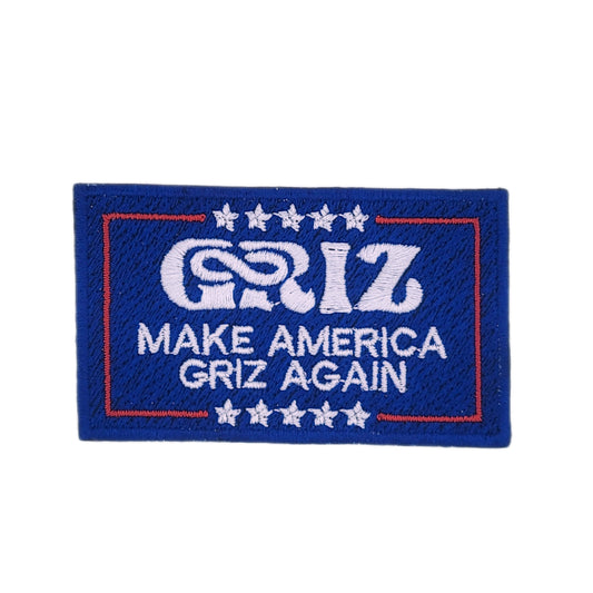 "Make America Griz Again" embroidered patch featuring parody text in patriotic colors. EDM-themed parody design for hats, jackets, or bags and more.