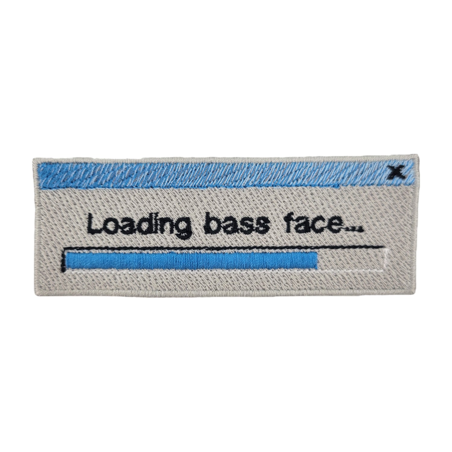 Embroidered patch with text 'Loading bass face...' on a grey background. Made to resemble a retro loading bar window.