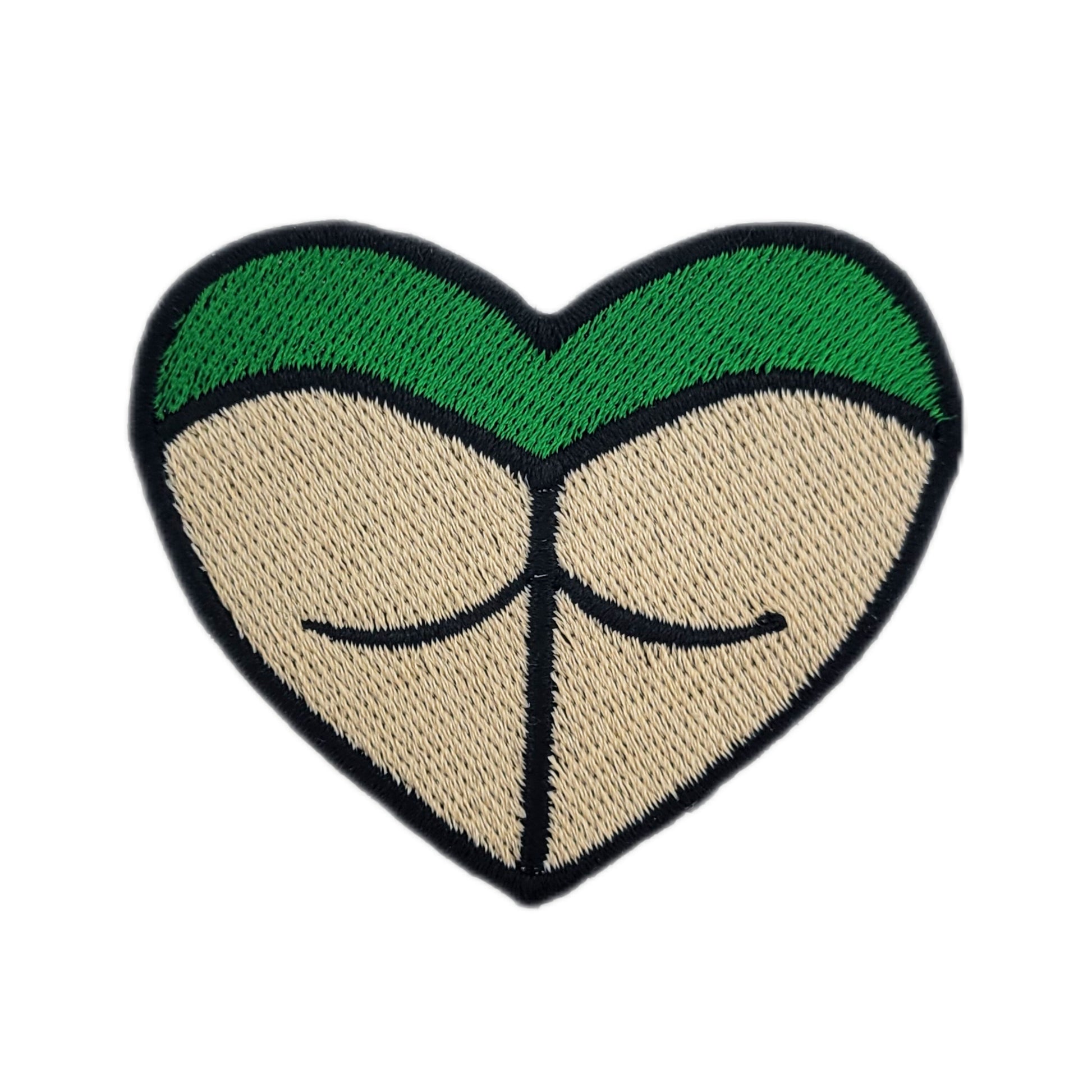 Heart-shaped rave booty embroidered patch, with green bottoms and a light skin tone.