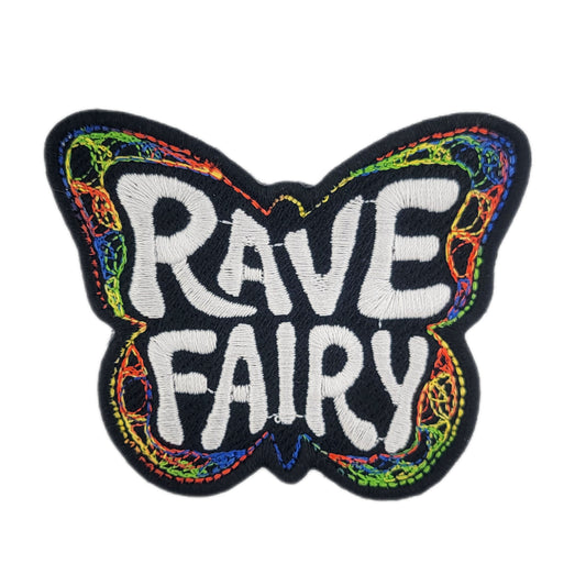 Butterfly-shaped patch with 'Rave Fairy' text on a white background