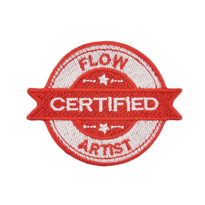 Red and white patch with 'Certified Flow Artist' text on a white background