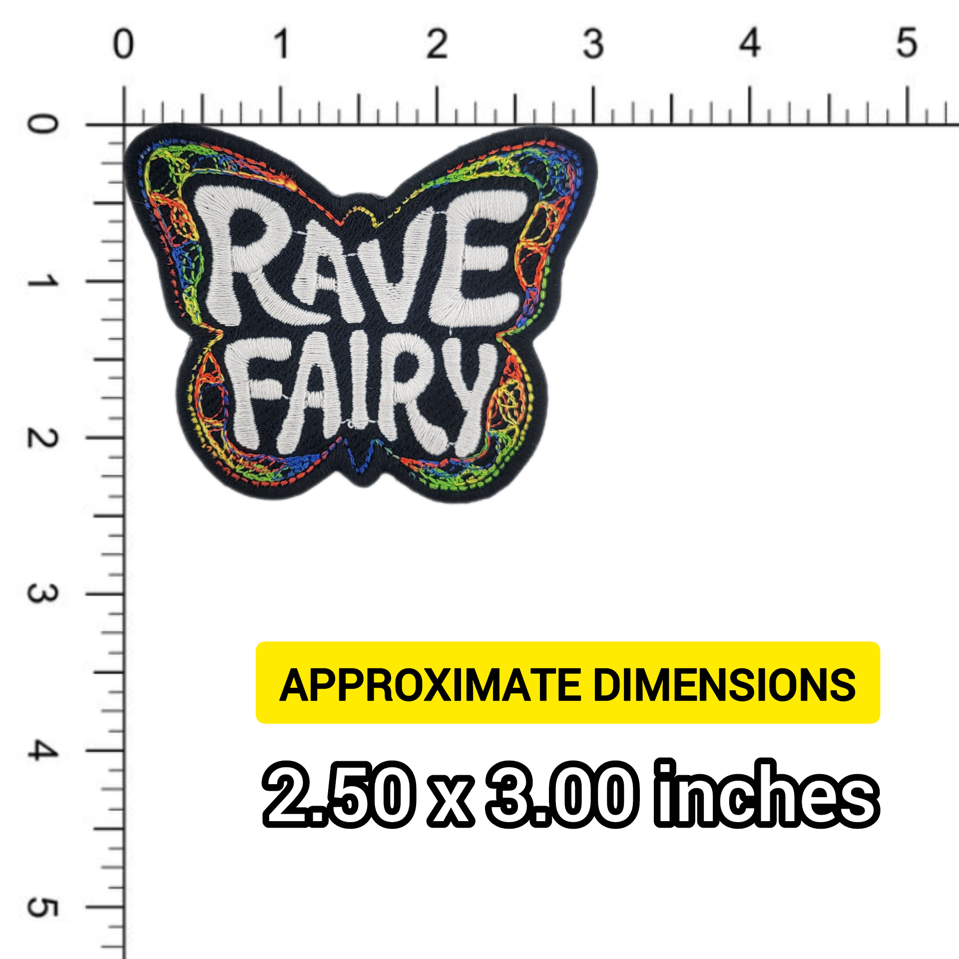 Butterfly-shaped patch with 'Rave Fairy' text on a white background with measurement scale.