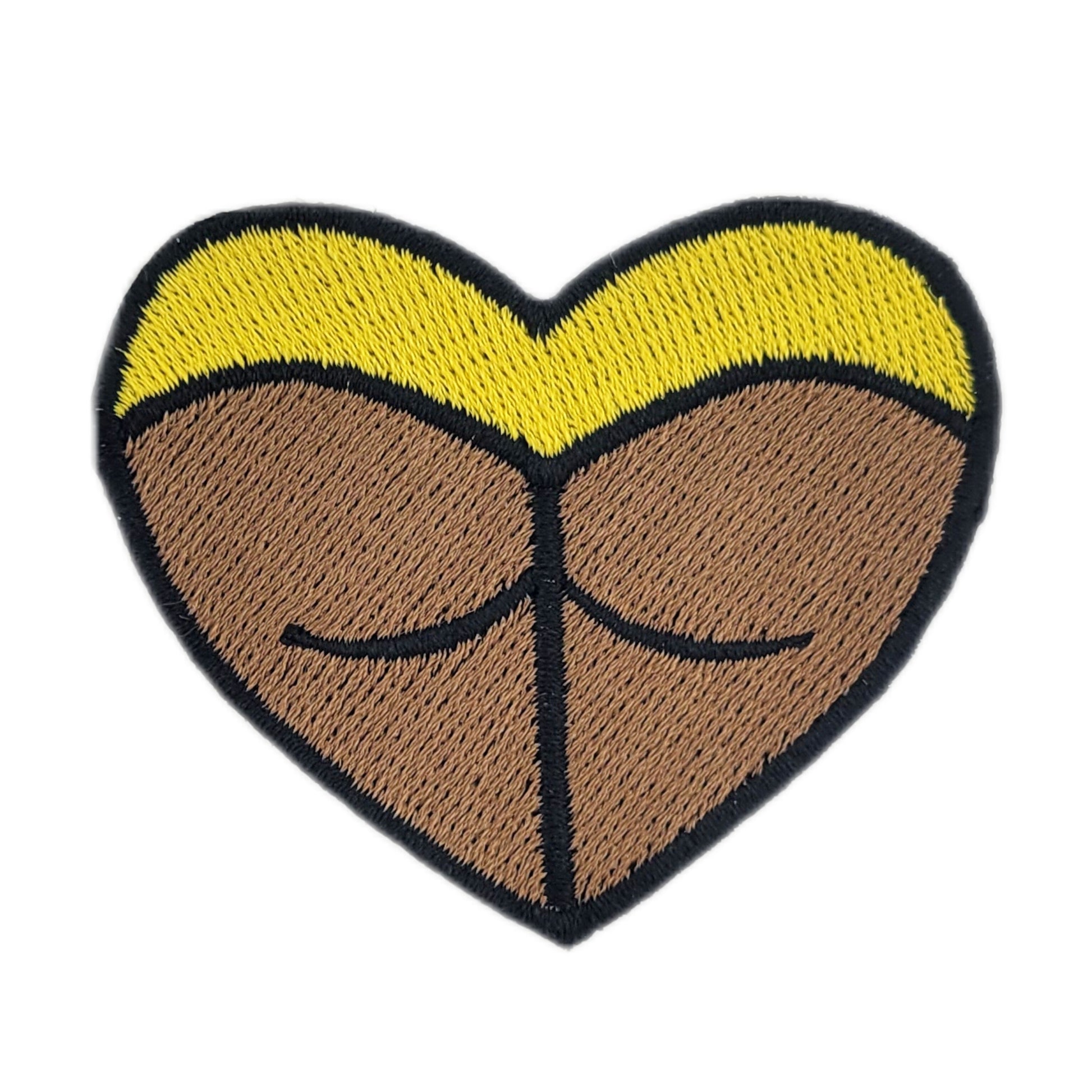 Heart-shaped rave booty embroidered patch, with yellow bottoms and a dark skin tone.
