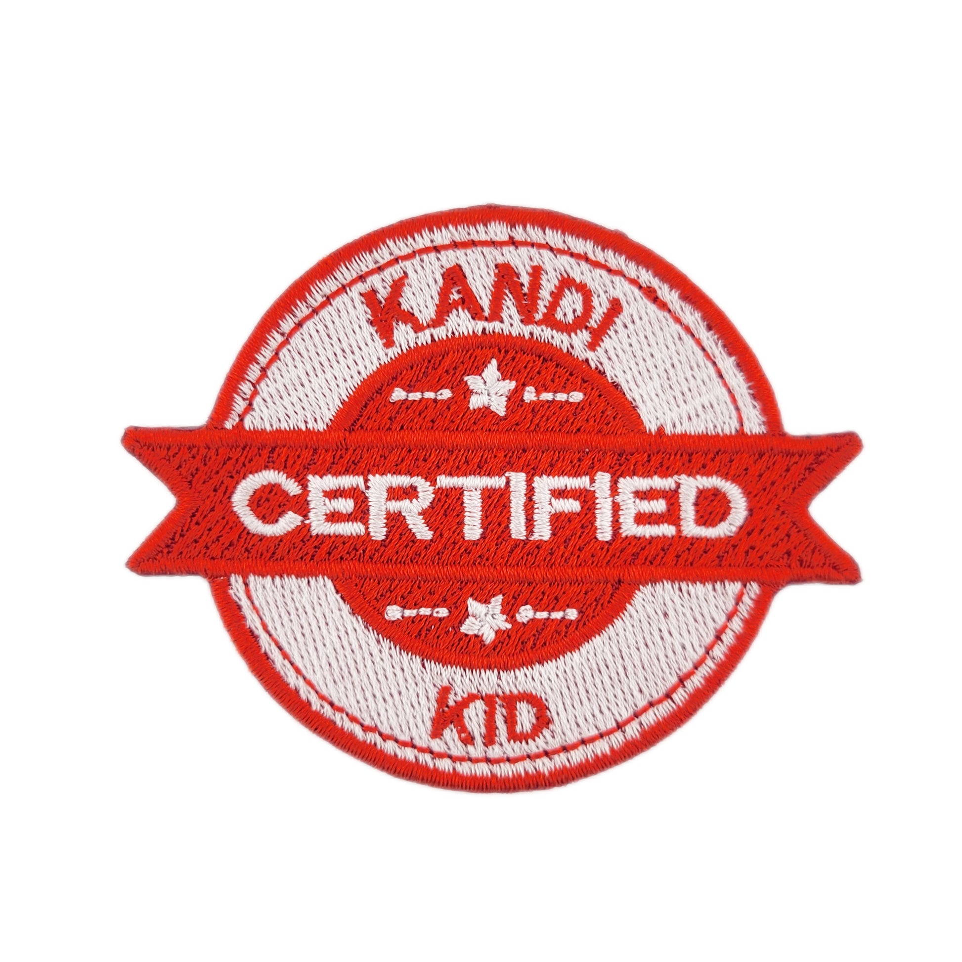 Red and white 'Certified Kandi Kid' patch on a white background
