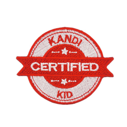 Red and white 'Certified Kandi Kid' patch on a white background