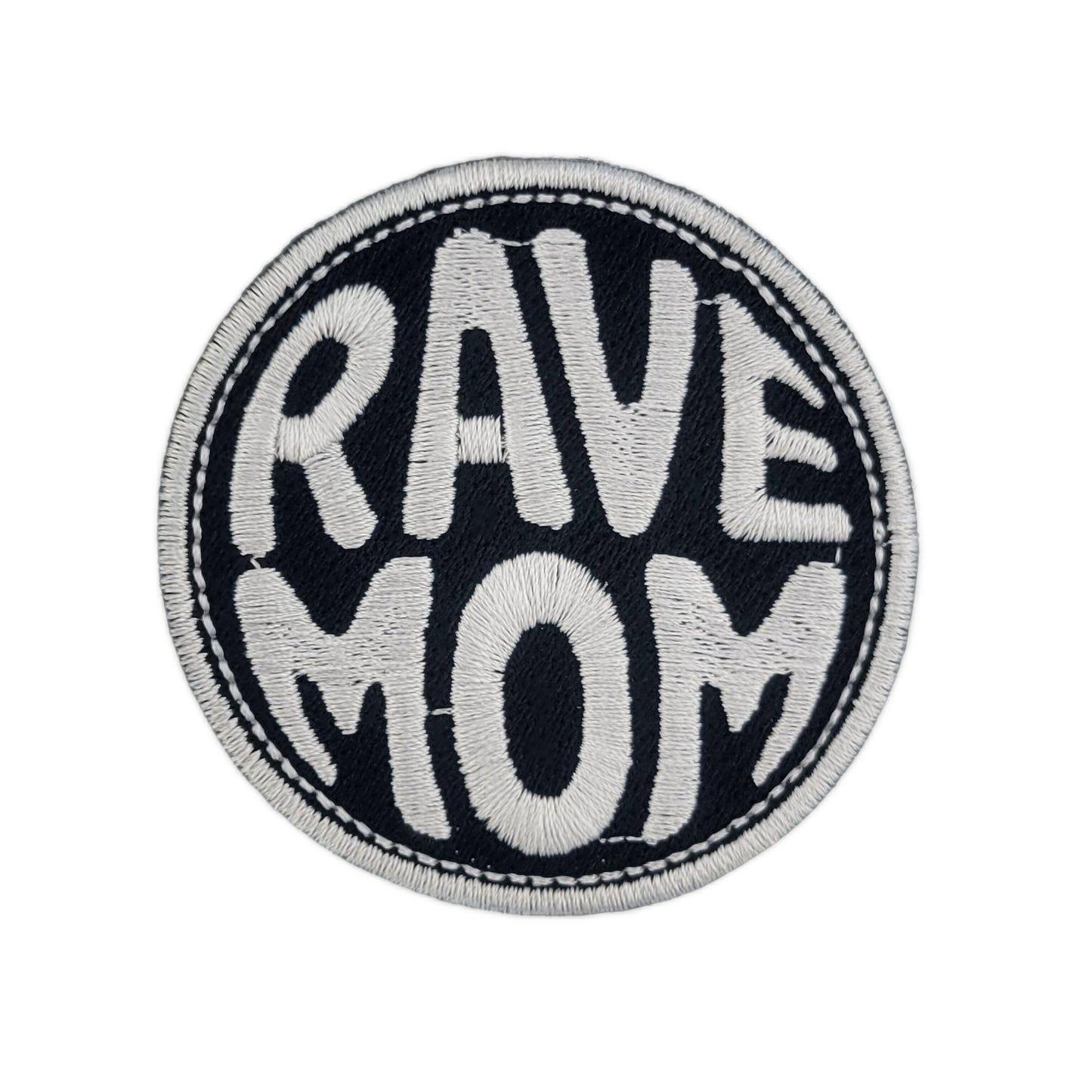 Round patch with 'RAVE MOM' text on a white background