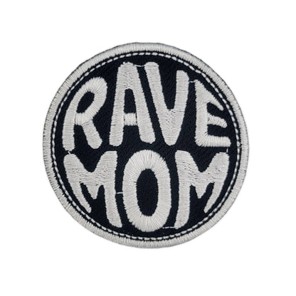 Round patch with 'RAVE MOM' text on a white background