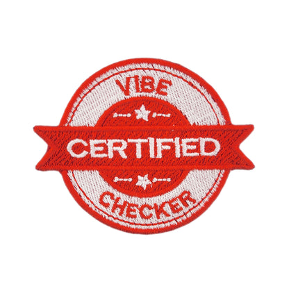Red and white 'Certified Vibe Checker' patch on a white background