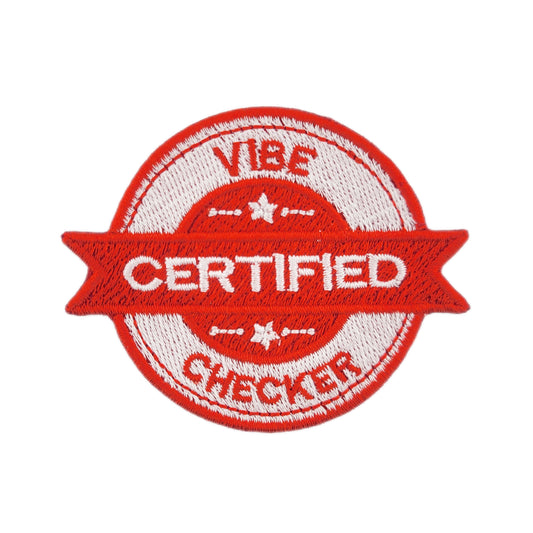 Red and white 'Certified Vibe Checker' patch on a white background