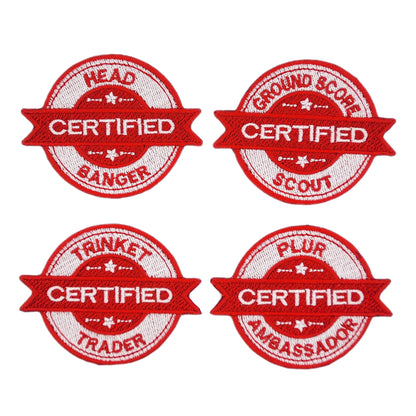 Four red and white embroidered patches with 'Certified' rave text on a white background
