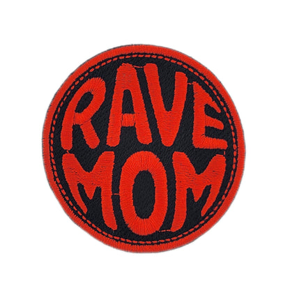 Round patch with 'RAVE MOM' text in red on a black background
