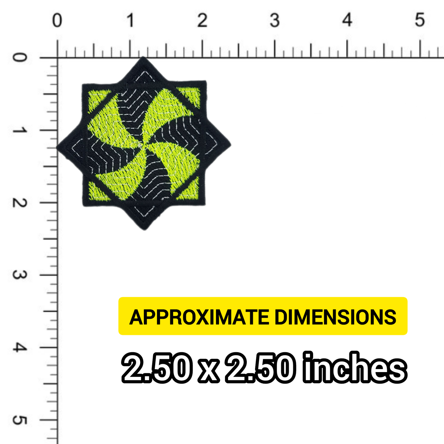 Embroidered patch of a yellow and black flow star with measurement scale indicating dimensions
