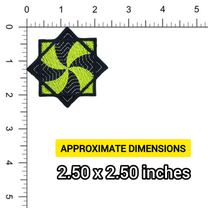 Embroidered patch of a yellow and black flow star with measurement scale indicating dimensions