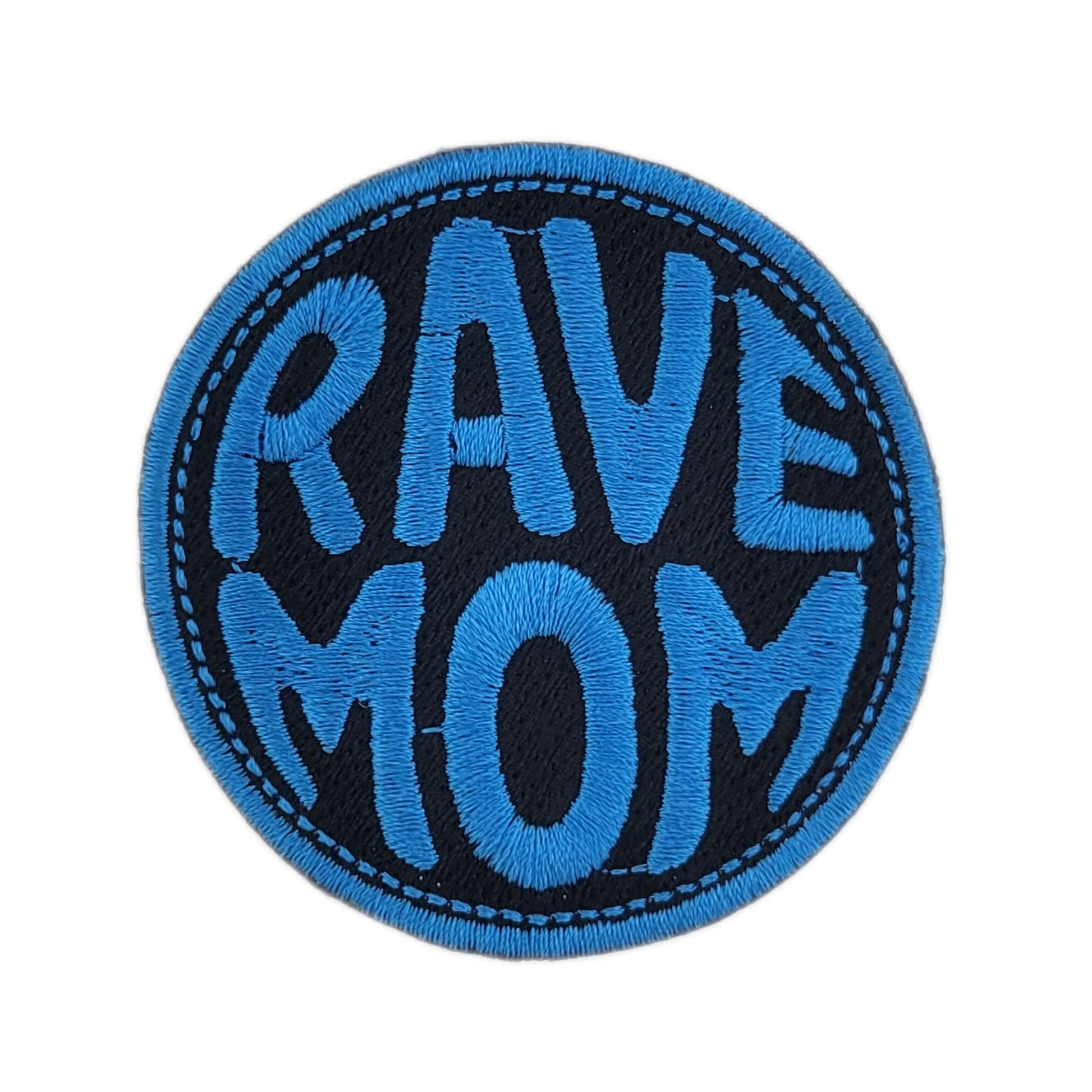 Circular patch with 'RAVE MOM' text in blue on a white background