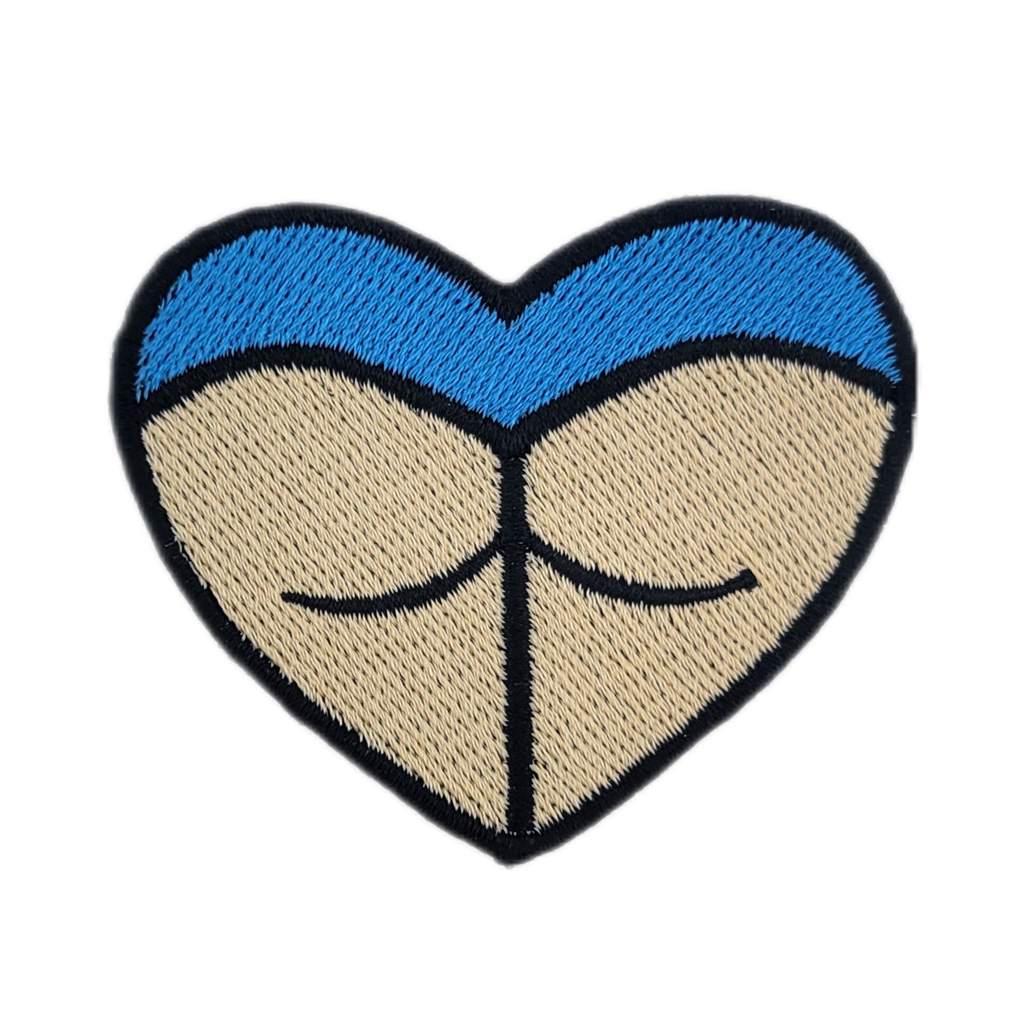 Heart-shaped rave booty embroidered patch, with blue bottoms and a light skin tone.