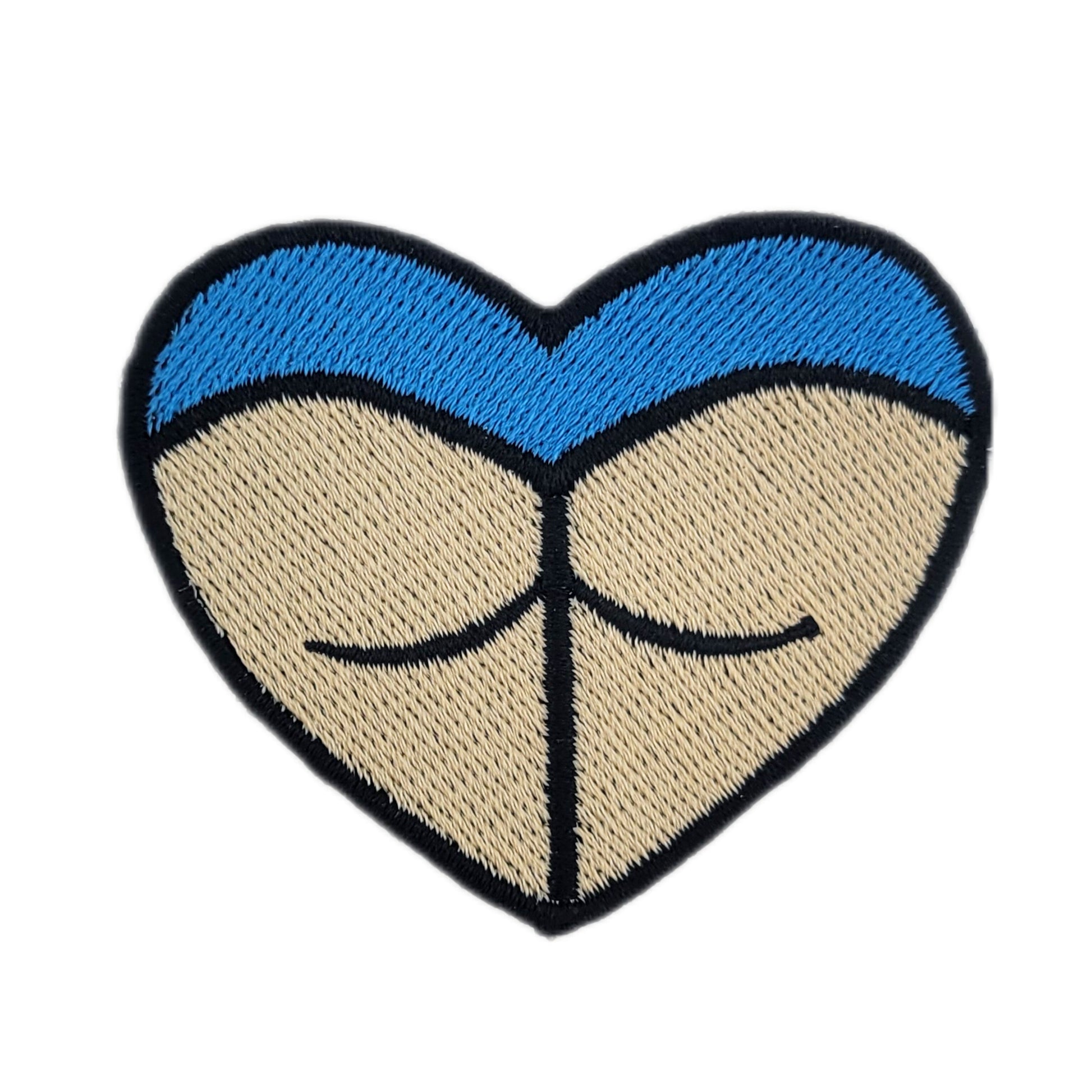 Heart-shaped rave booty embroidered patch, with blue bottoms and a light skin tone.
