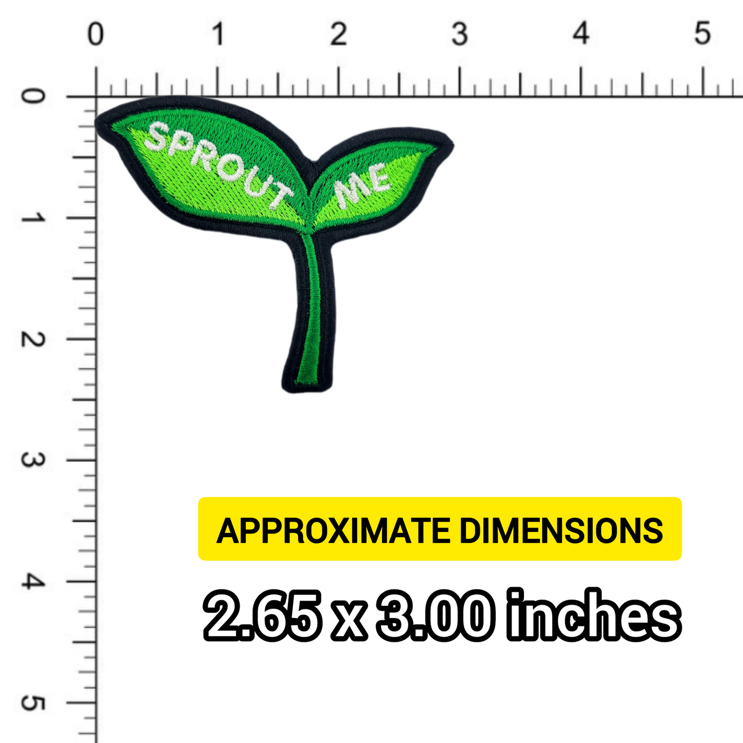 Green leaf-shaped patch with 'SPROUT ME' text on a white background with measurement scale.