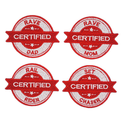 Four red and white embroidered patches with 'Certified' rave text on a white background