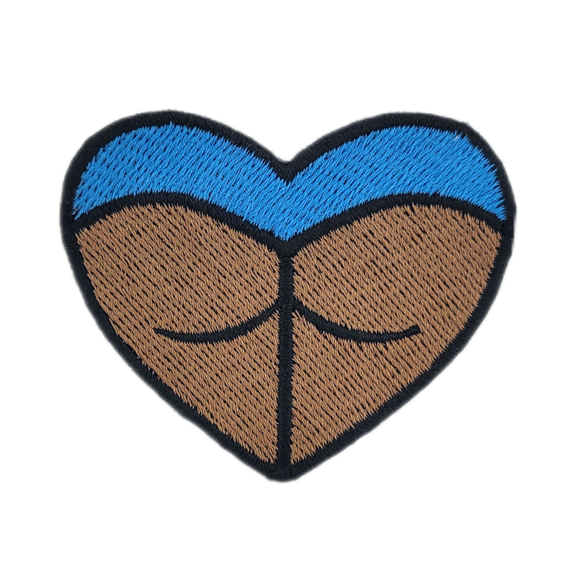 Heart-shaped rave booty embroidered patch, with blue bottoms and a dark skin tone.