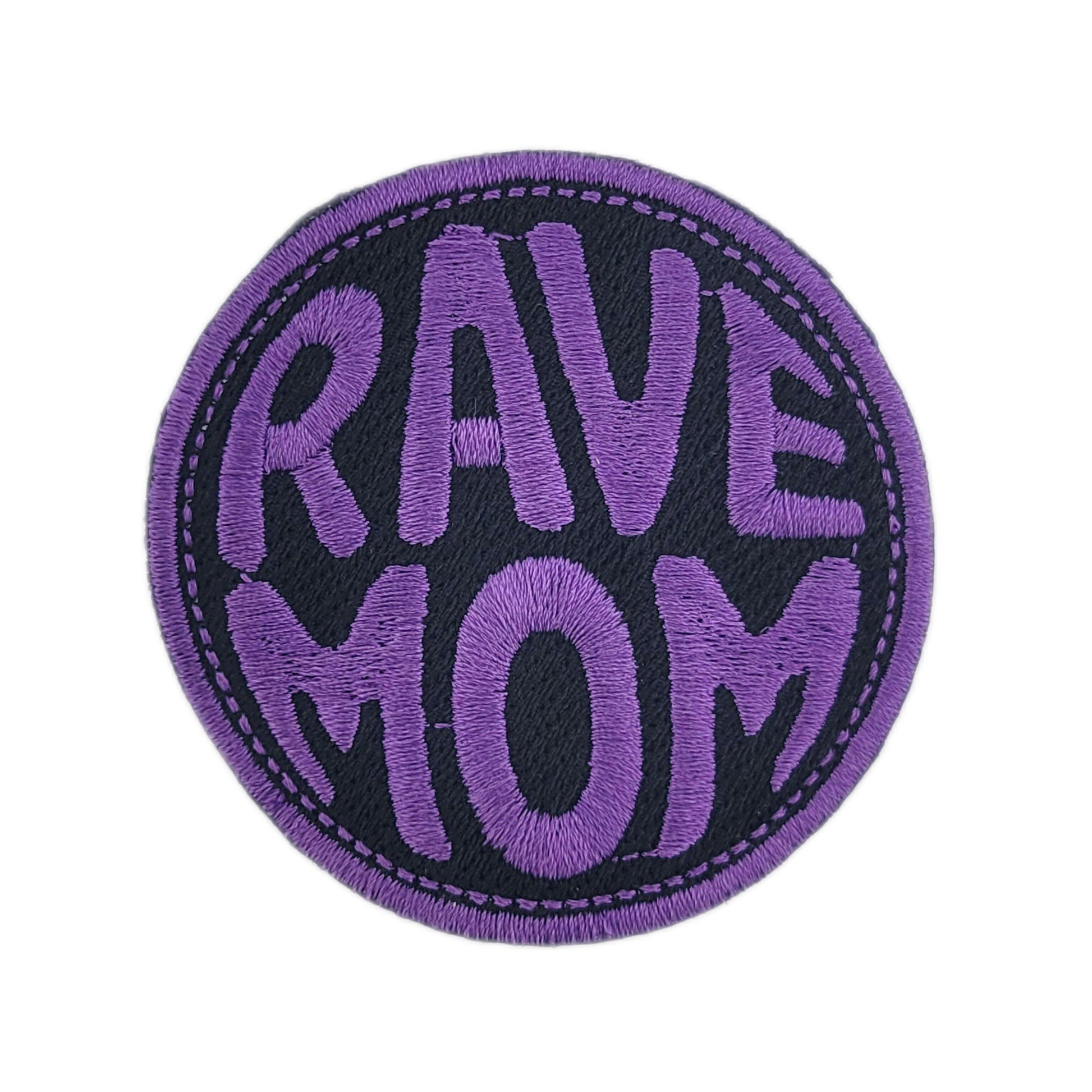Circular patch with 'RAVE MOM' text in purple on a white background