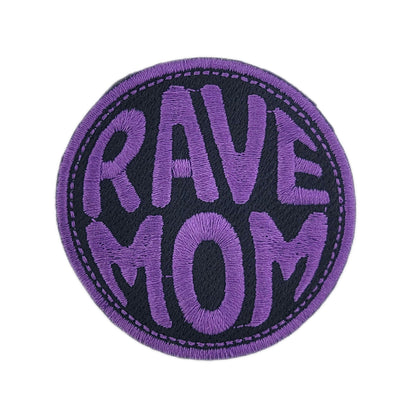 Circular patch with 'RAVE MOM' text in purple on a white background
