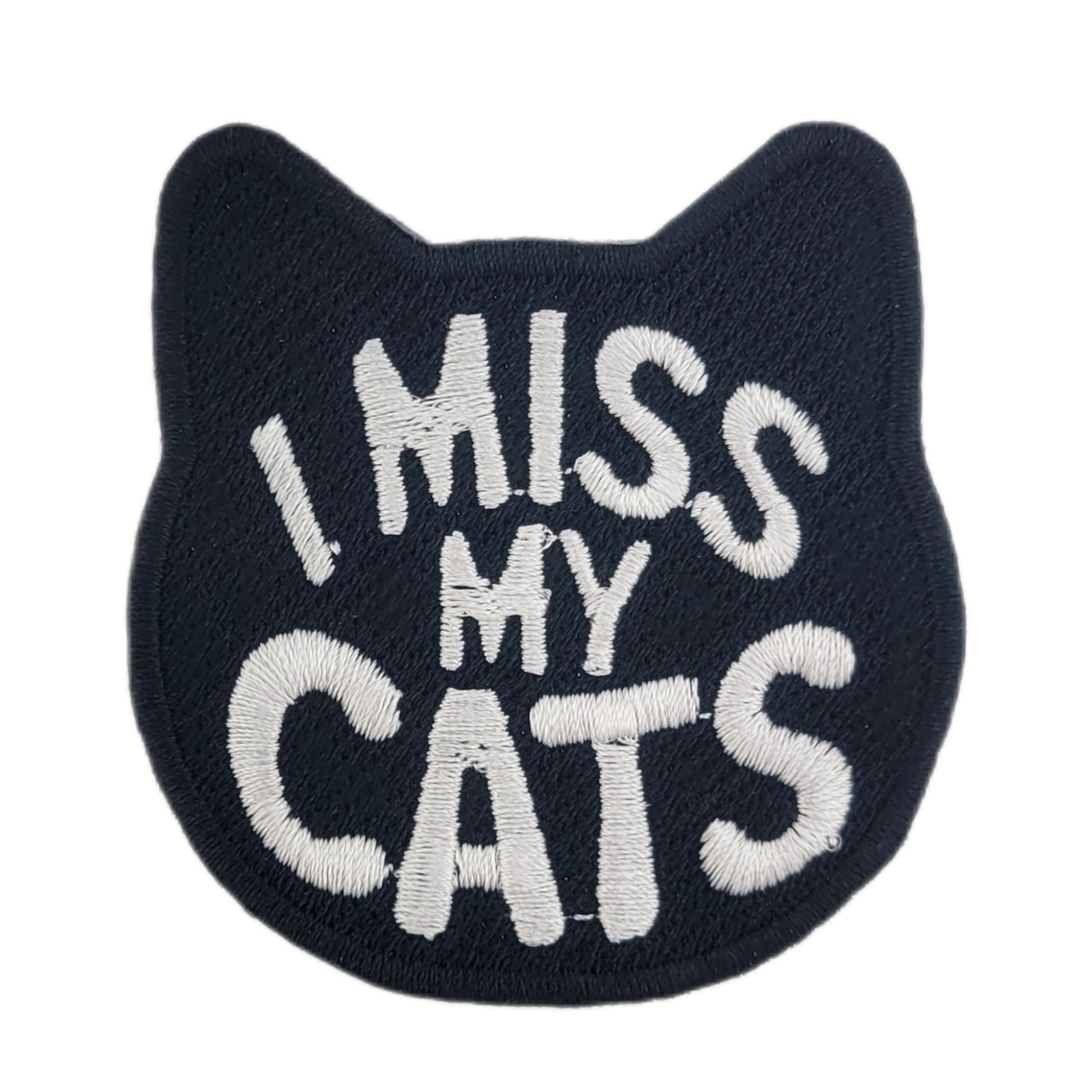 Black cat-shaped patch with 'I MISS MY CATS' text on a white background