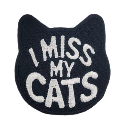 Black cat-shaped patch with 'I MISS MY CATS' text on a white background