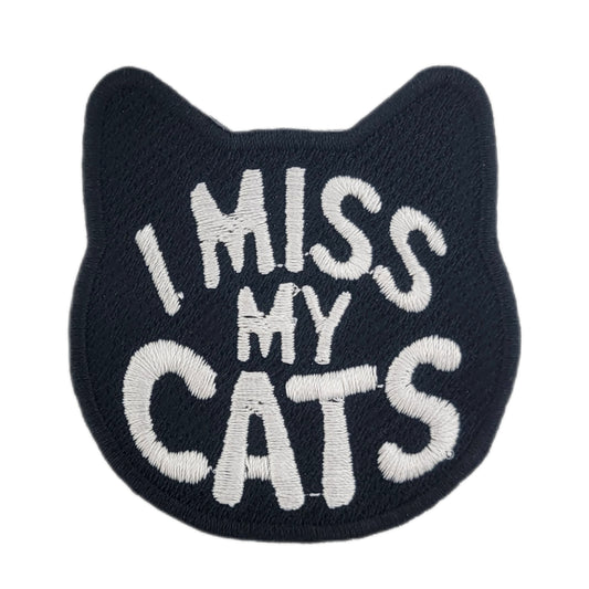 Black cat-shaped patch with 'I MISS MY CATS' text on a white background