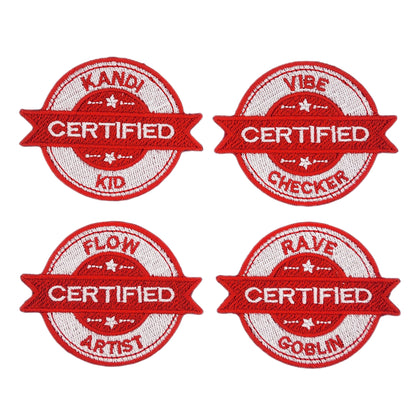 Four red and white embroidered patches with 'Certified' rave text on a white background