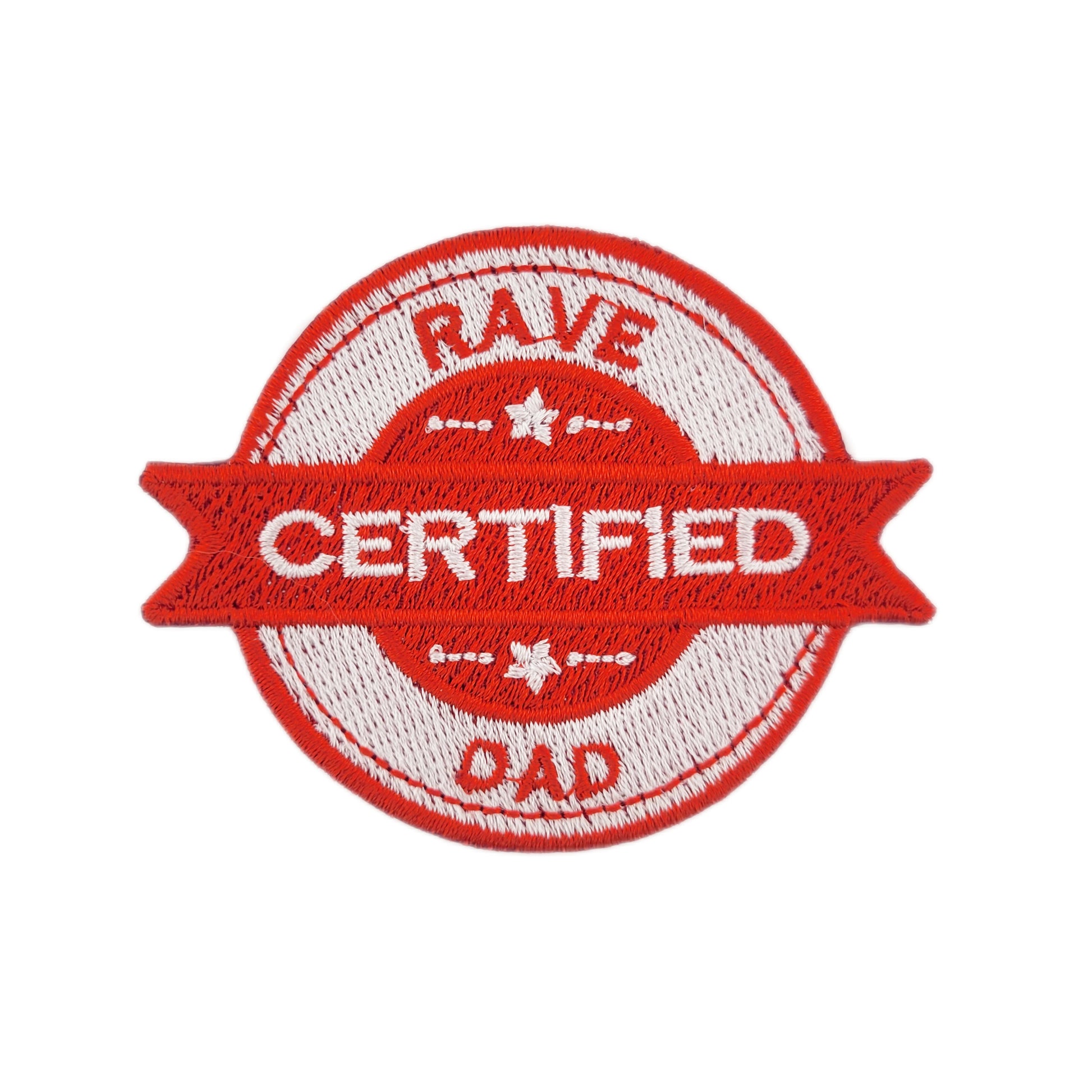 Red and white patch with 'Certified Rave Dad' text on a white background