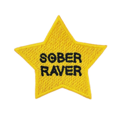 Yellow star patch with 'SOBER RAVER' text on a white background