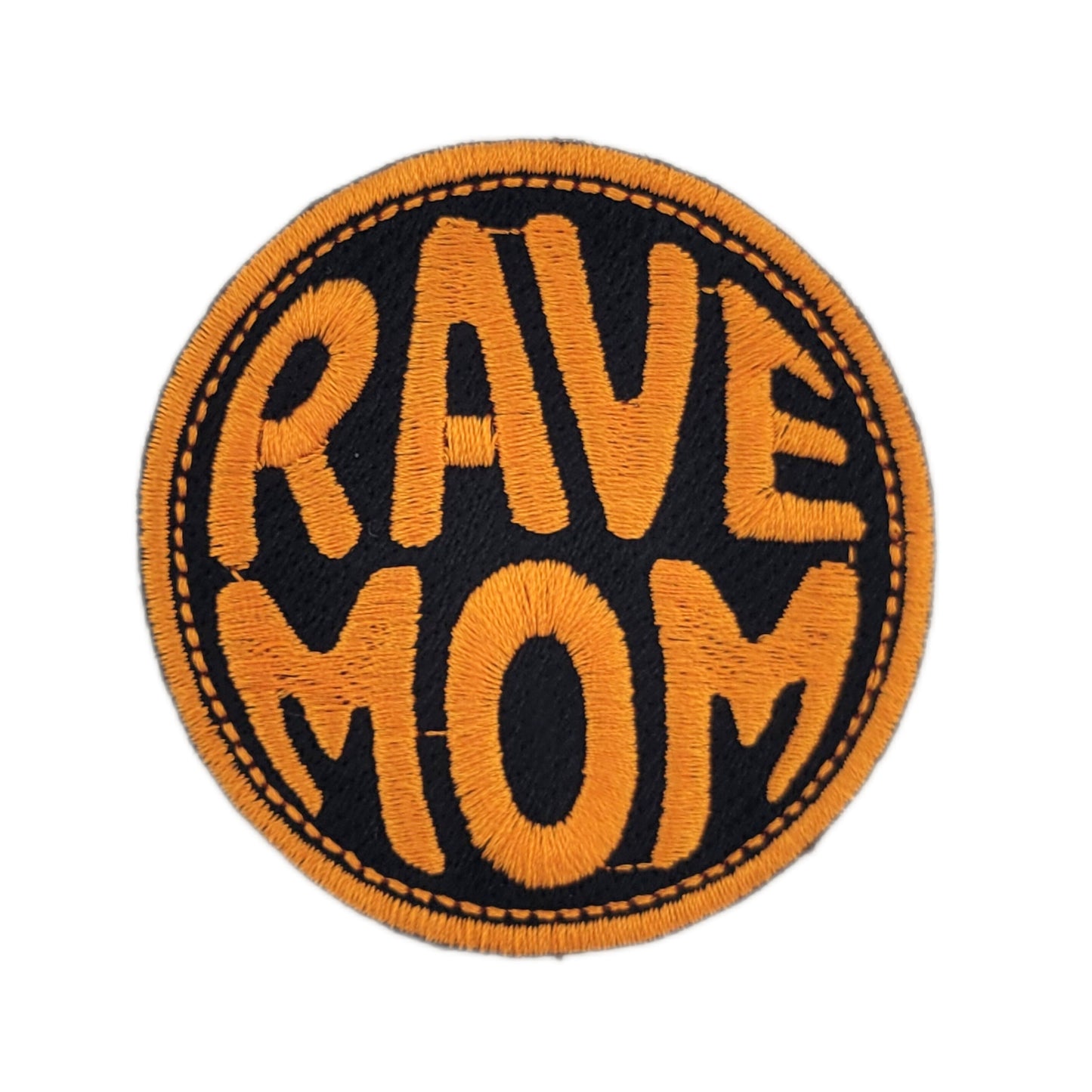 Round patch with 'RAVE MOM' text in orange on a black background