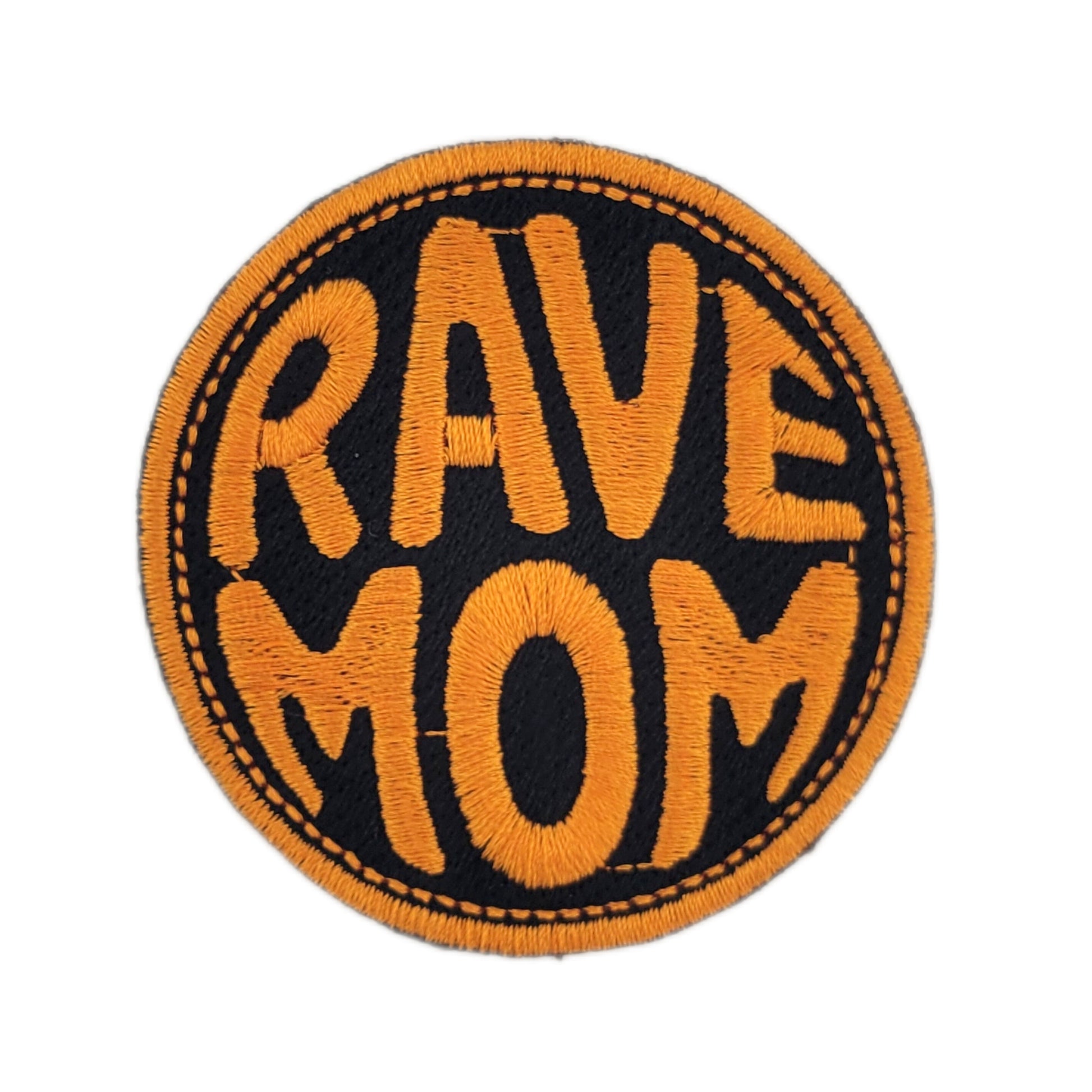 Round patch with 'RAVE MOM' text in orange on a black background