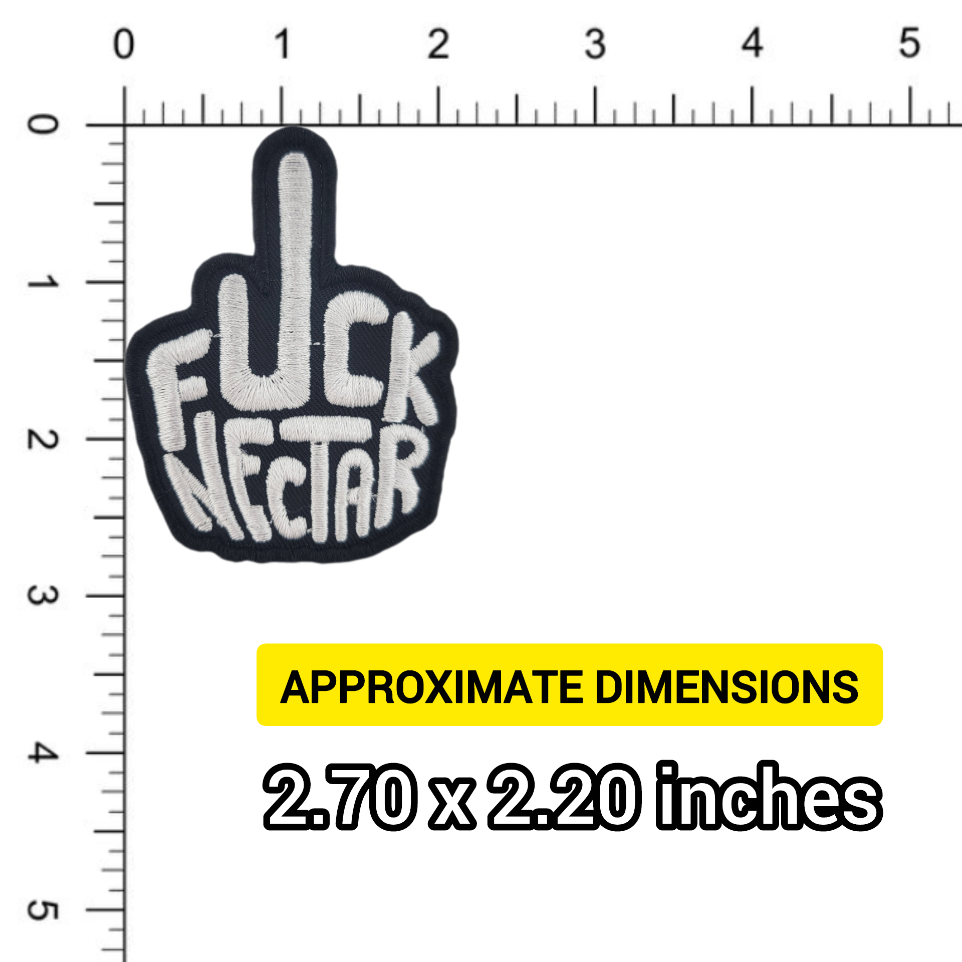 Patch with 'F*ck Nectar' text on a ruler for size reference