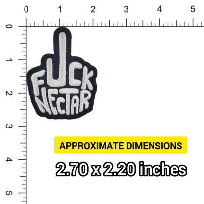 Patch with 'F*ck Nectar' text on a ruler for size reference