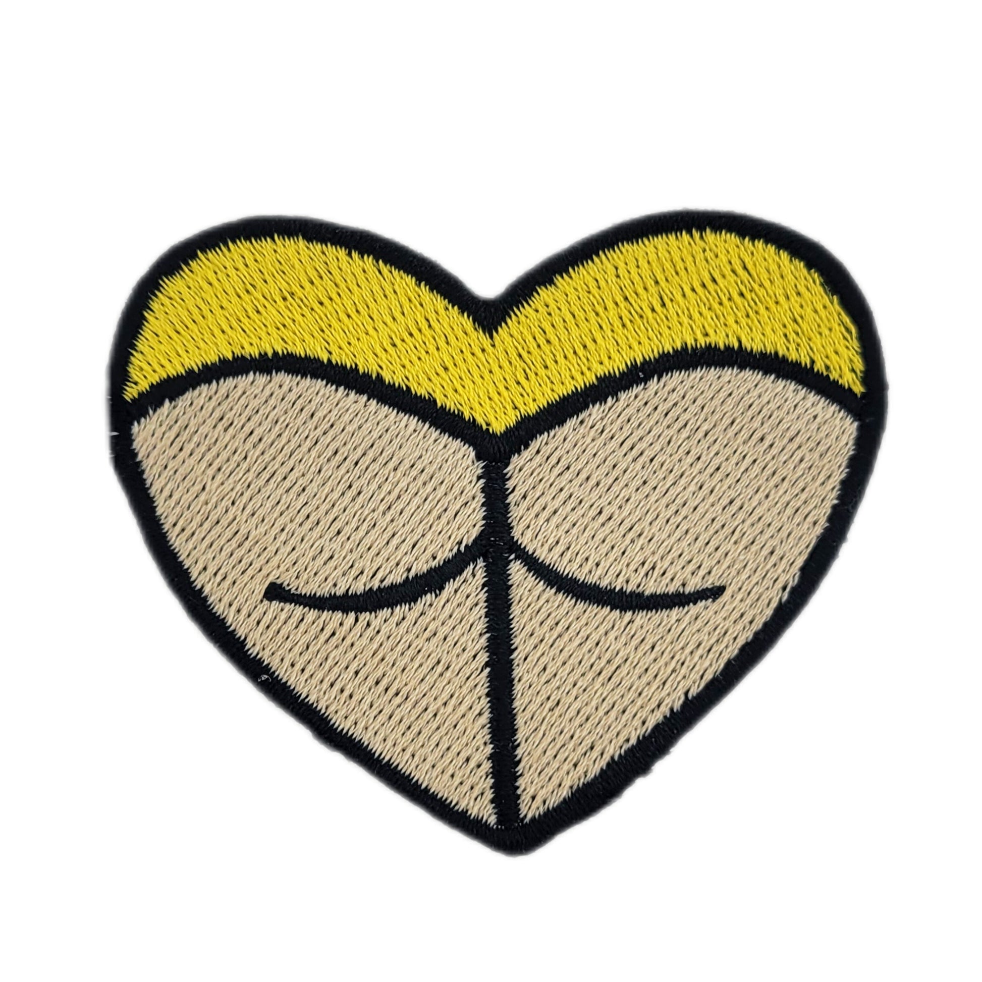 Heart-shaped rave booty embroidered patch, with yellow bottoms and a light skin tone.