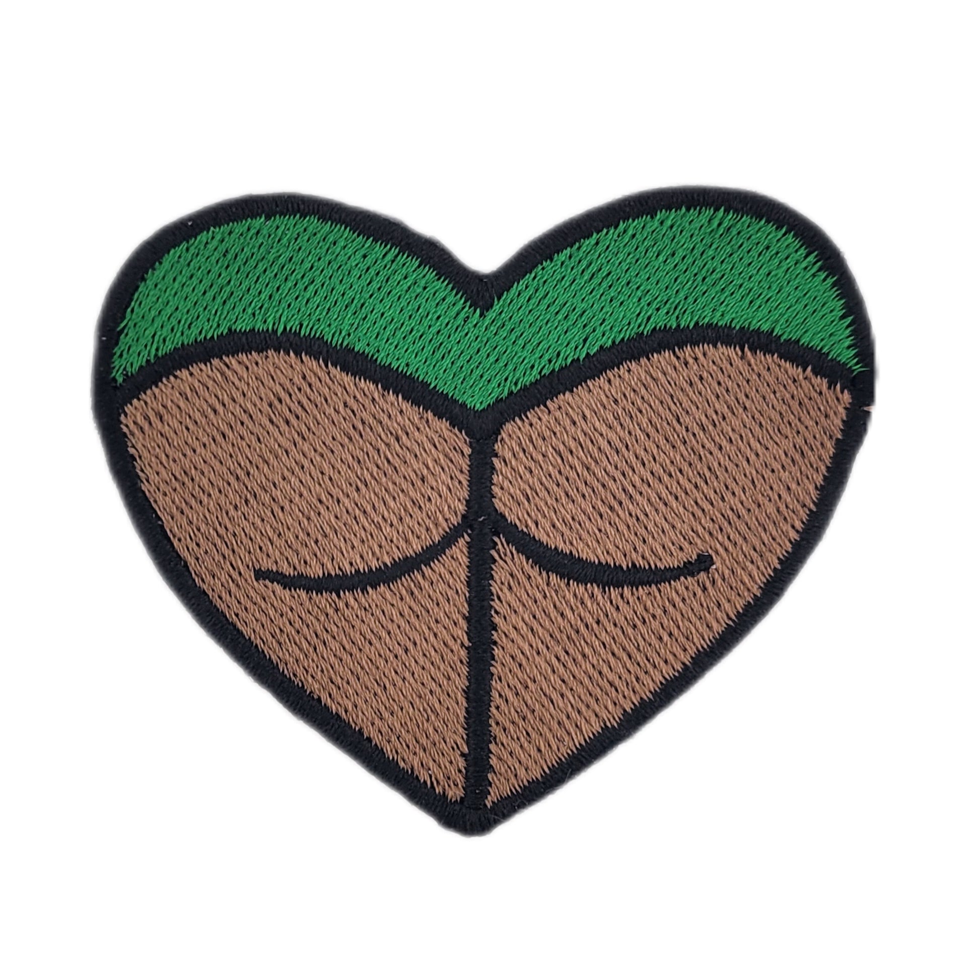 Heart-shaped rave booty embroidered patch, with green bottoms and a dark skin tone.
