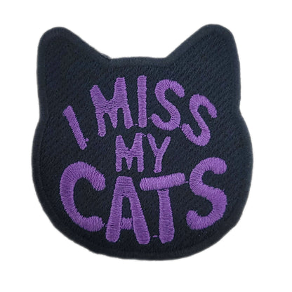 Black cat-shaped patch with 'I Miss My Cats' text in purple on a white background