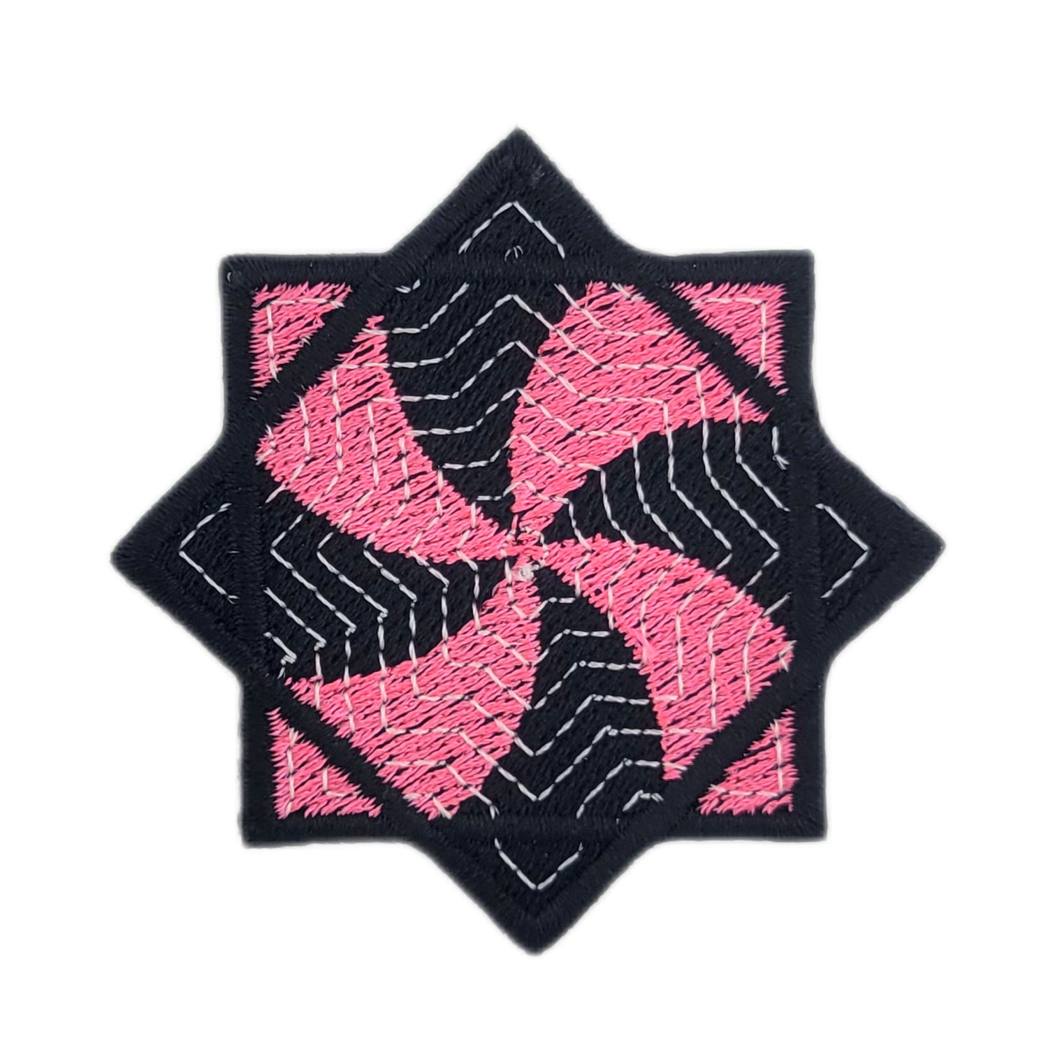 Embroidered patch of a pink and black flow star on a white background